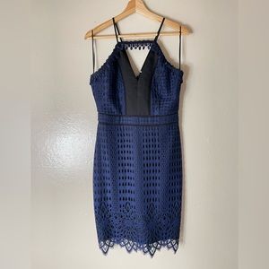 Anthropologie Harlyn Lace cutout front Halter Sheath Dress navy black